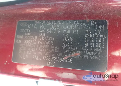 2006 Kia Sorento Ex/Lx из США, поврежденный, VIN KNDJD733965594946